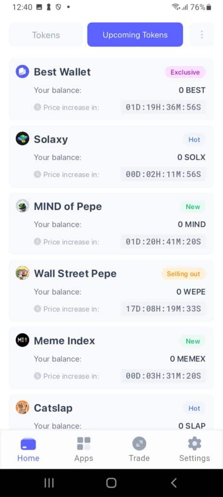 Funkce Upcoming Tokens v aplikaci Best wallet