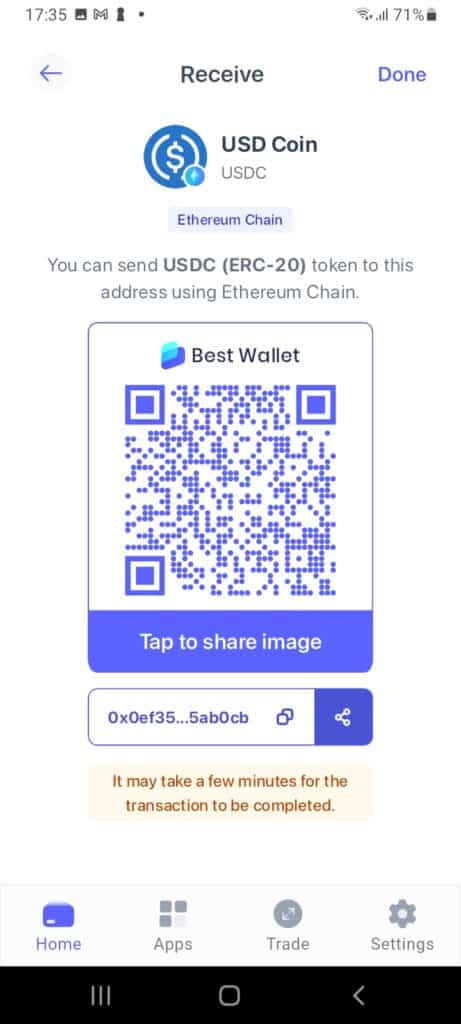 Jak obdržet USDC v aplikaci Best Wallet?