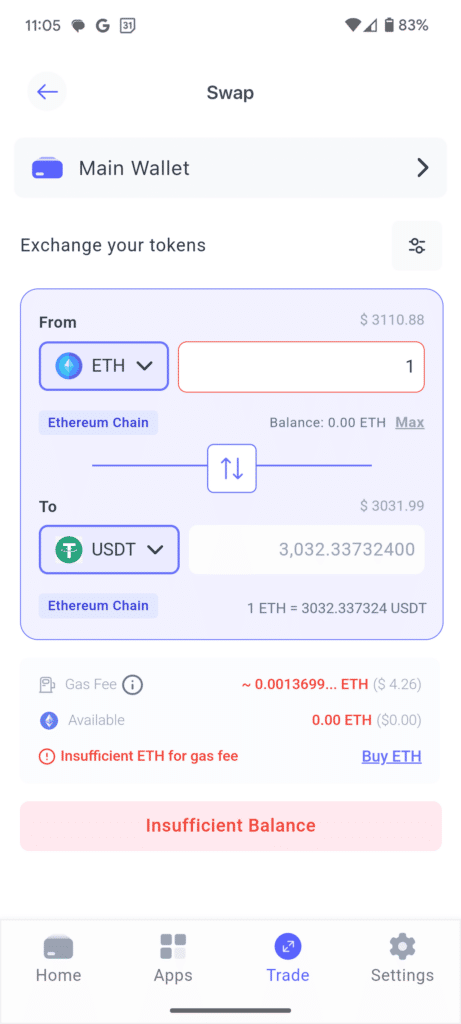 Směna tokenů v aplikaci Best Wallet