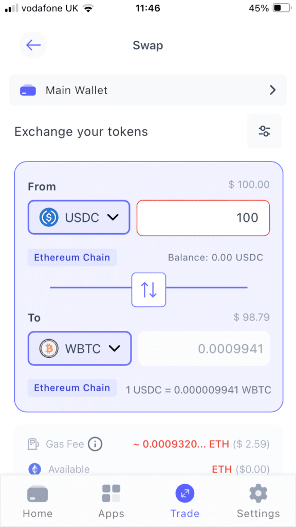 Směna bitcoinu za USDC v aplikaci Best Wallet
