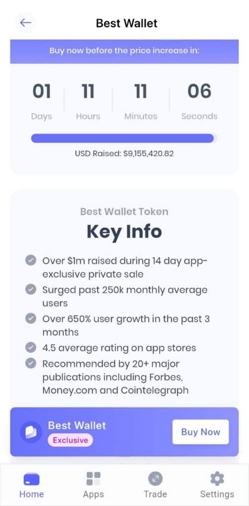 Přehled o předprodeji Best Wallet Token v aplikaci Best Wallet