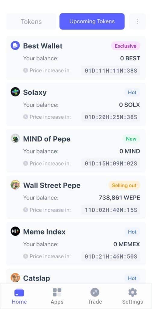 Funkce Upcoming Tokens v aplikaci Best Wallet