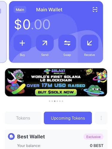 best walletでupcoming tokensのタブ