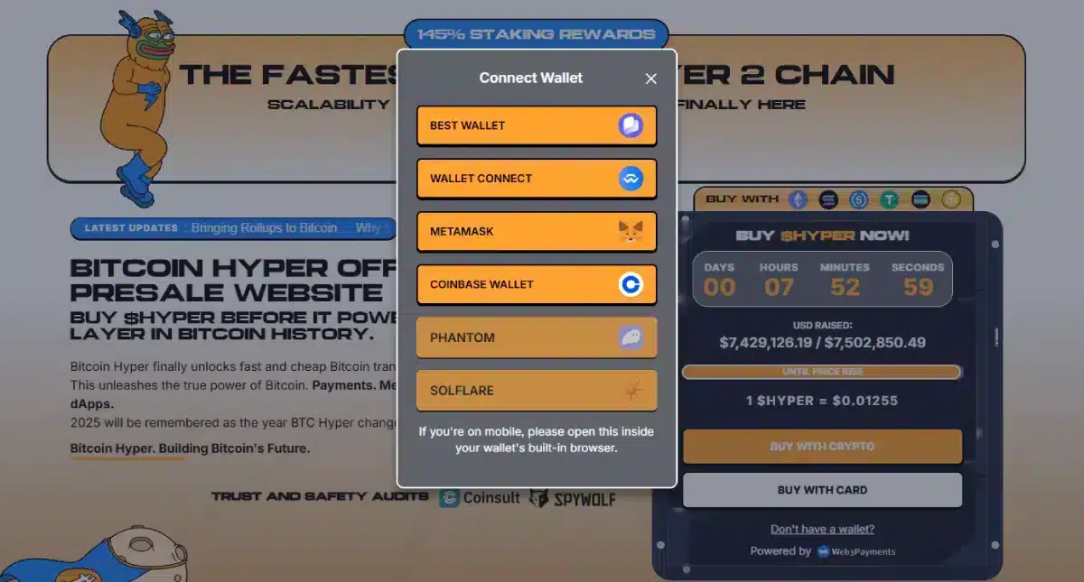 Popup sambungkan dompet saat membeli Bitcoin Hyper.