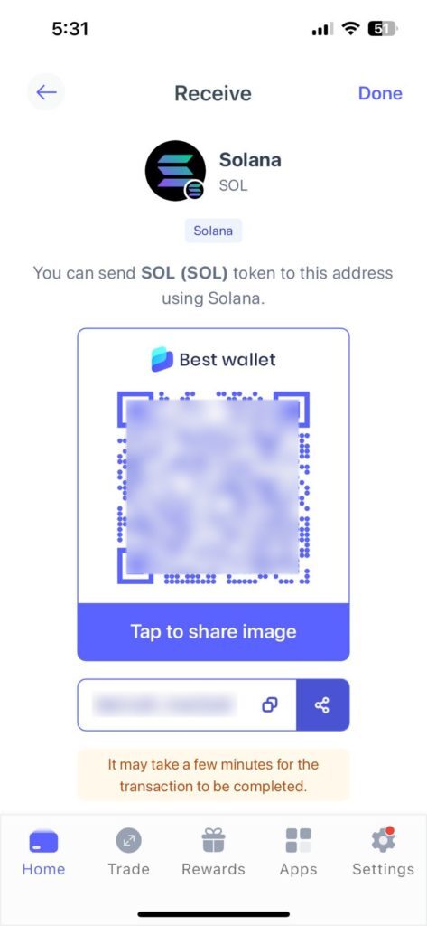 Receive SOL via the Best Wallet app.