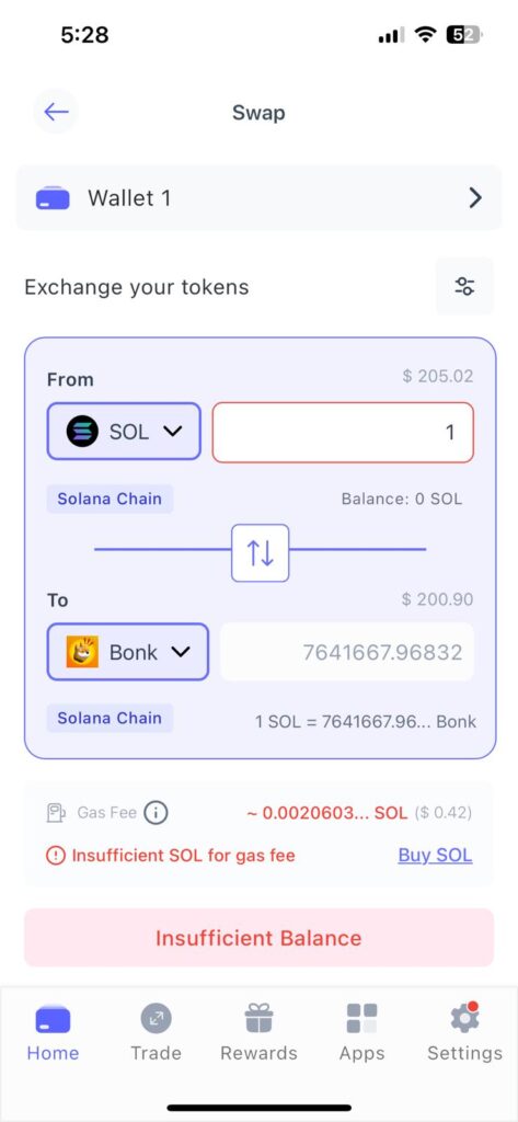 Best Wallet swap SOL for BONK