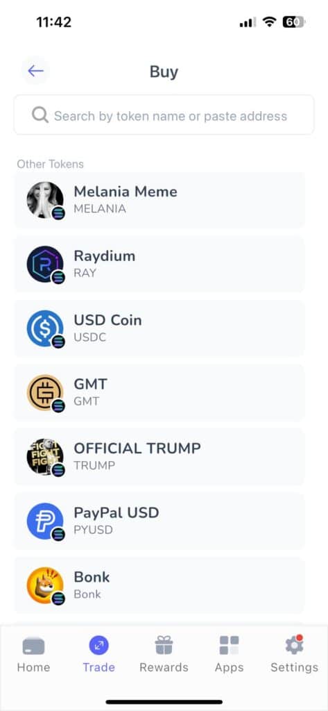 List of Solana tokens on the Best Wallet app for BONK
