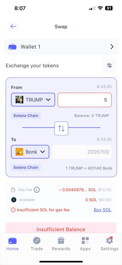 Swap TRUMP for BONK on the Best Wallet app