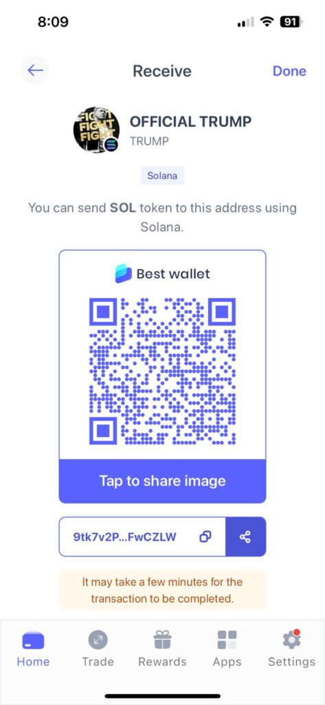 Best Wallet users get a unique deposit address for TRUMP tokens