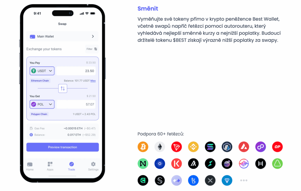 Směna digitálních aktiv na Best Wallet