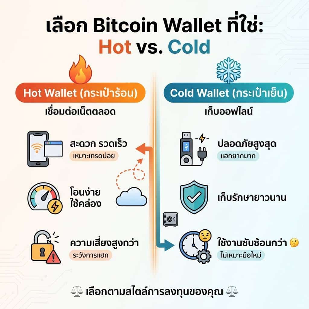 อินโฟกราฟิกเปรียบเทียบ Bitcoin Wallet แบบ Hot Wallet และ Cold Wallet