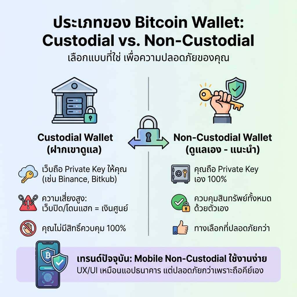 อินโฟกราฟิกเปรียบเทียบ Bitcoin Wallet แบบ Custodial และ Non-Custodial
